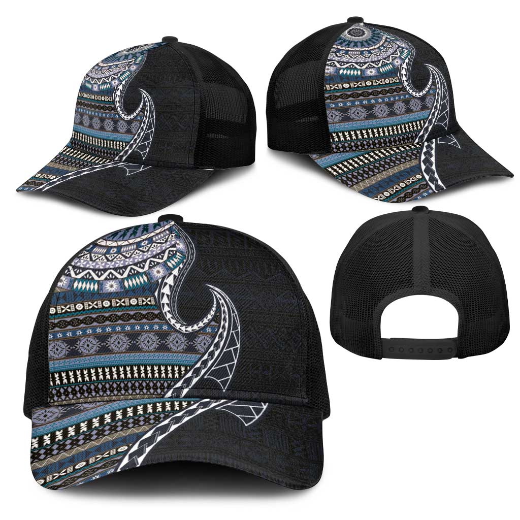 Fijian Masi Tribal Tattoos Art Pattern Mesh Trucker Cap Navy Color Half Style LT03 - Polynesian Pride