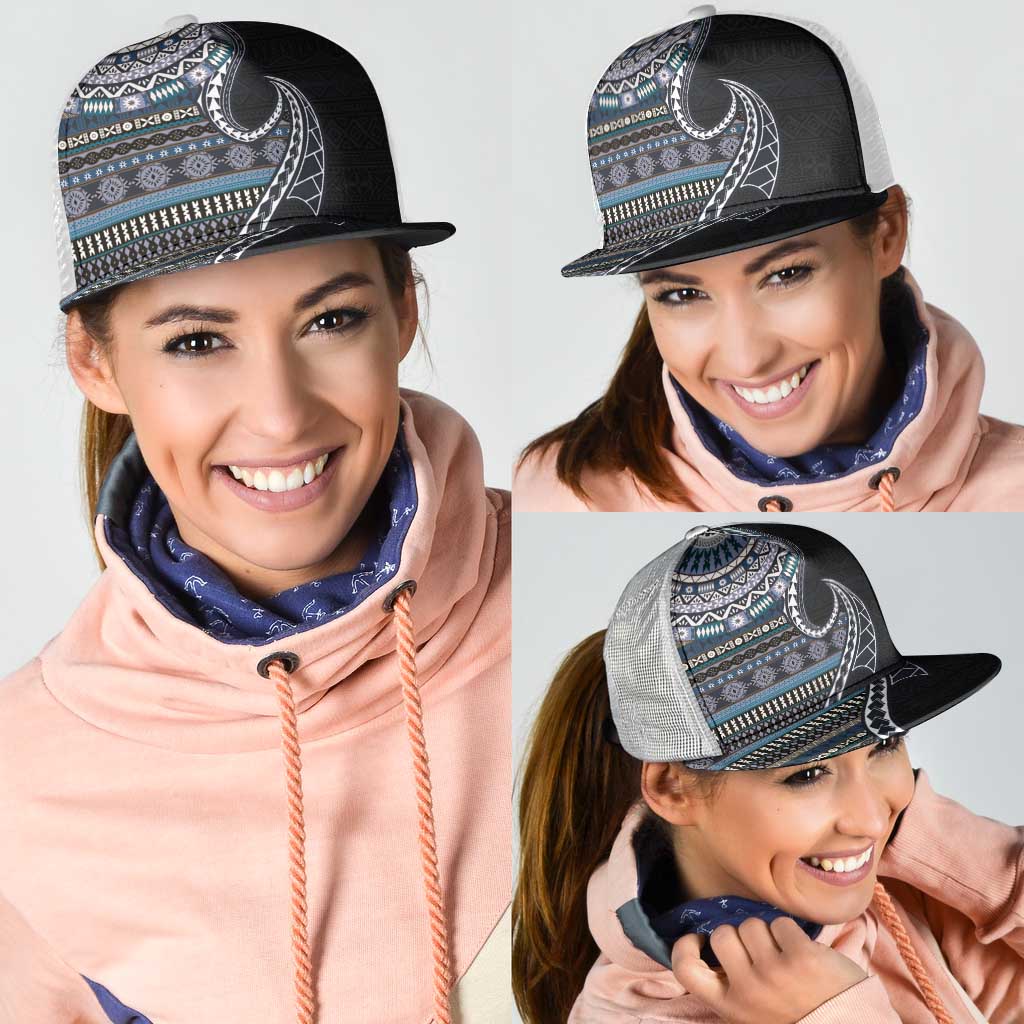 Fijian Masi Tribal Tattoos Art Pattern Mesh Trucker Cap Navy Color Half Style LT03 - Polynesian Pride