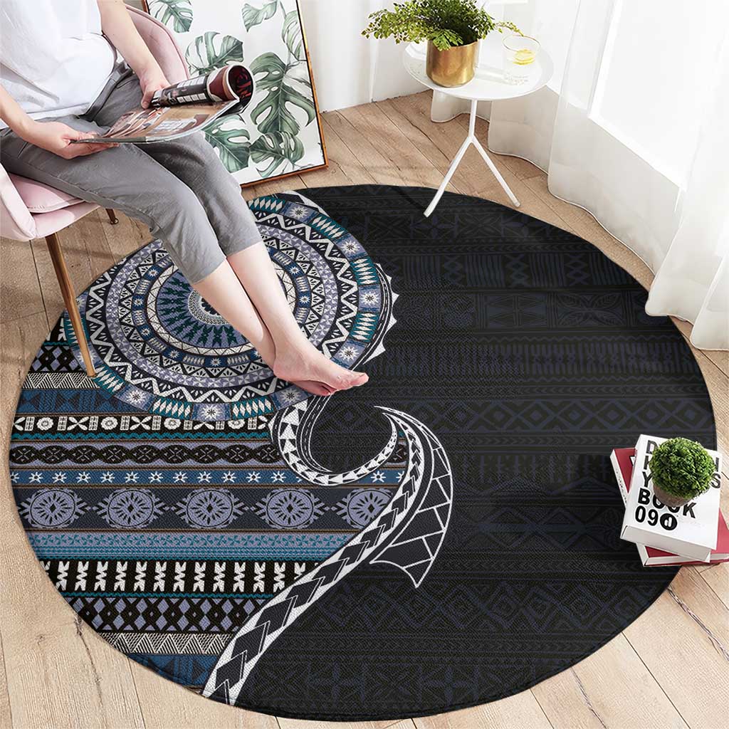 Fijian Masi Tribal Tattoos Art Pattern Round Carpet Navy Color Half Style - Polynesian Pride