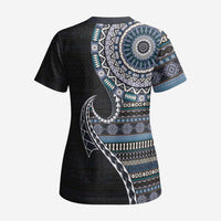 Fijian Masi Tribal Tattoos Art Pattern Scrub Top Navy Color Half Style LT03 - Polynesian Pride
