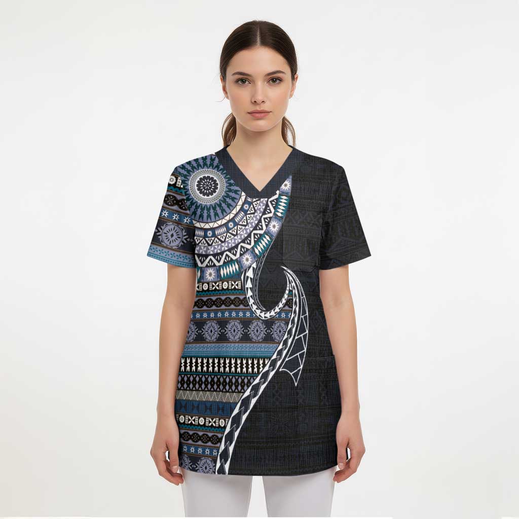 Fijian Masi Tribal Tattoos Art Pattern Scrub Top Navy Color Half Style LT03 - Polynesian Pride