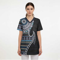Fijian Masi Tribal Tattoos Art Pattern Scrub Top Navy Color Half Style LT03 - Polynesian Pride