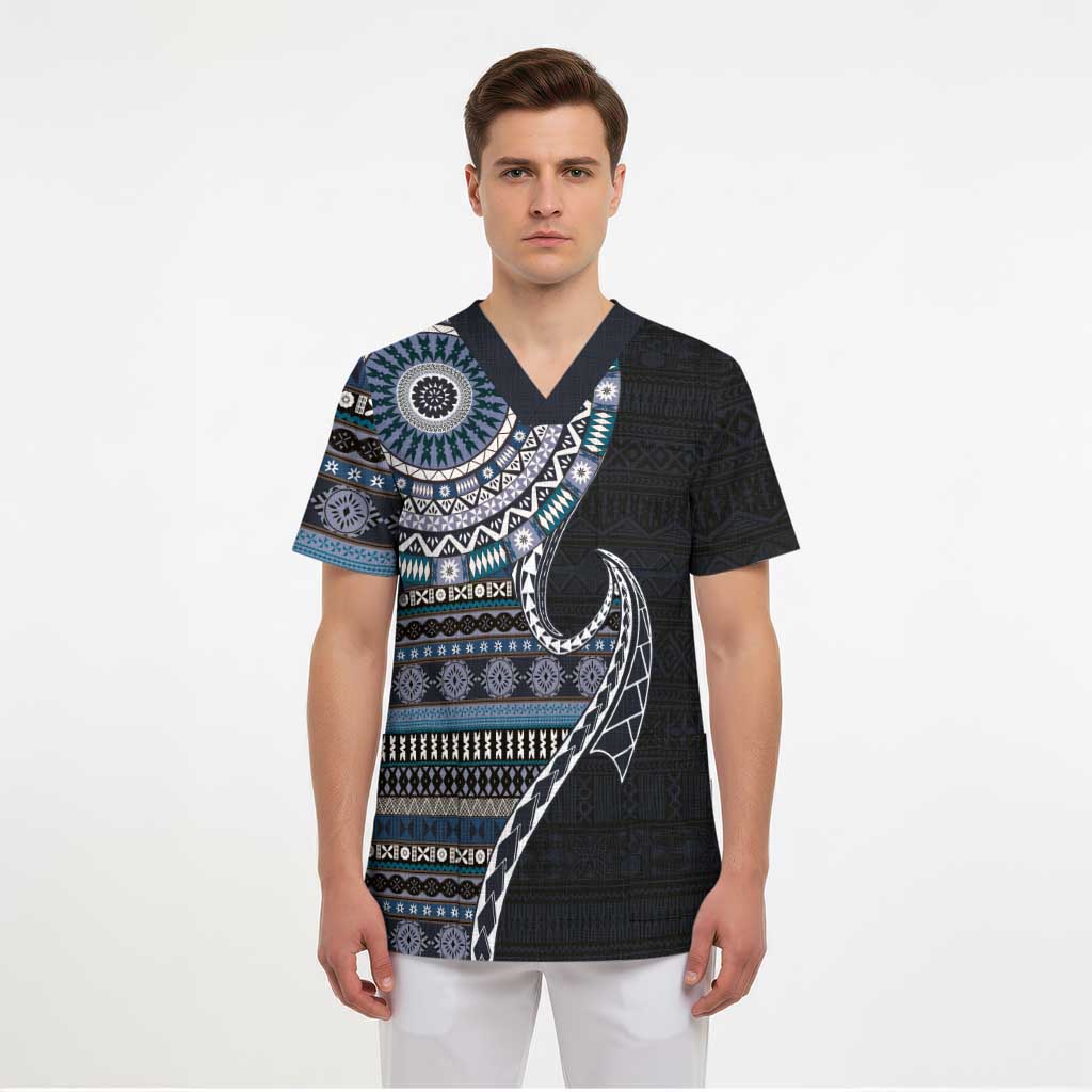 Fijian Masi Tribal Tattoos Art Pattern Scrub Top Navy Color Half Style LT03 - Polynesian Pride
