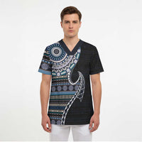 Fijian Masi Tribal Tattoos Art Pattern Scrub Top Navy Color Half Style LT03 - Polynesian Pride