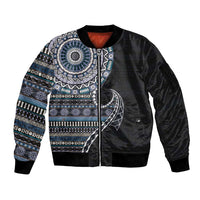 Fijian Masi Tribal Tattoos Art Pattern Sleeve Zip Bomber Jacket Navy Color Half Style LT03 Unisex Navy - Polynesian Pride