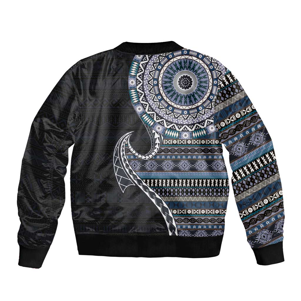 Fijian Masi Tribal Tattoos Art Pattern Sleeve Zip Bomber Jacket Navy Color Half Style LT03 - Polynesian Pride