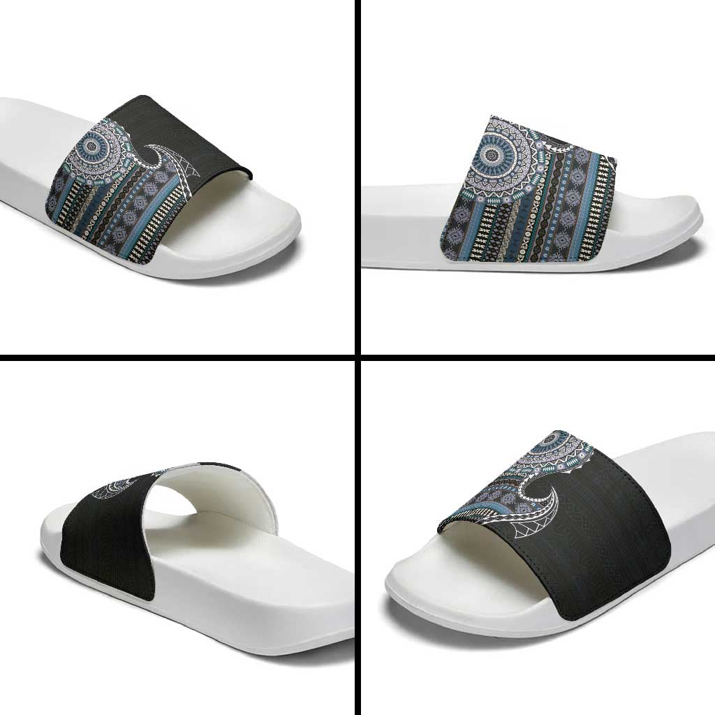 Fijian Masi Tribal Tattoos Art Pattern Slide Sandals Navy Color Half Style - Polynesian Pride