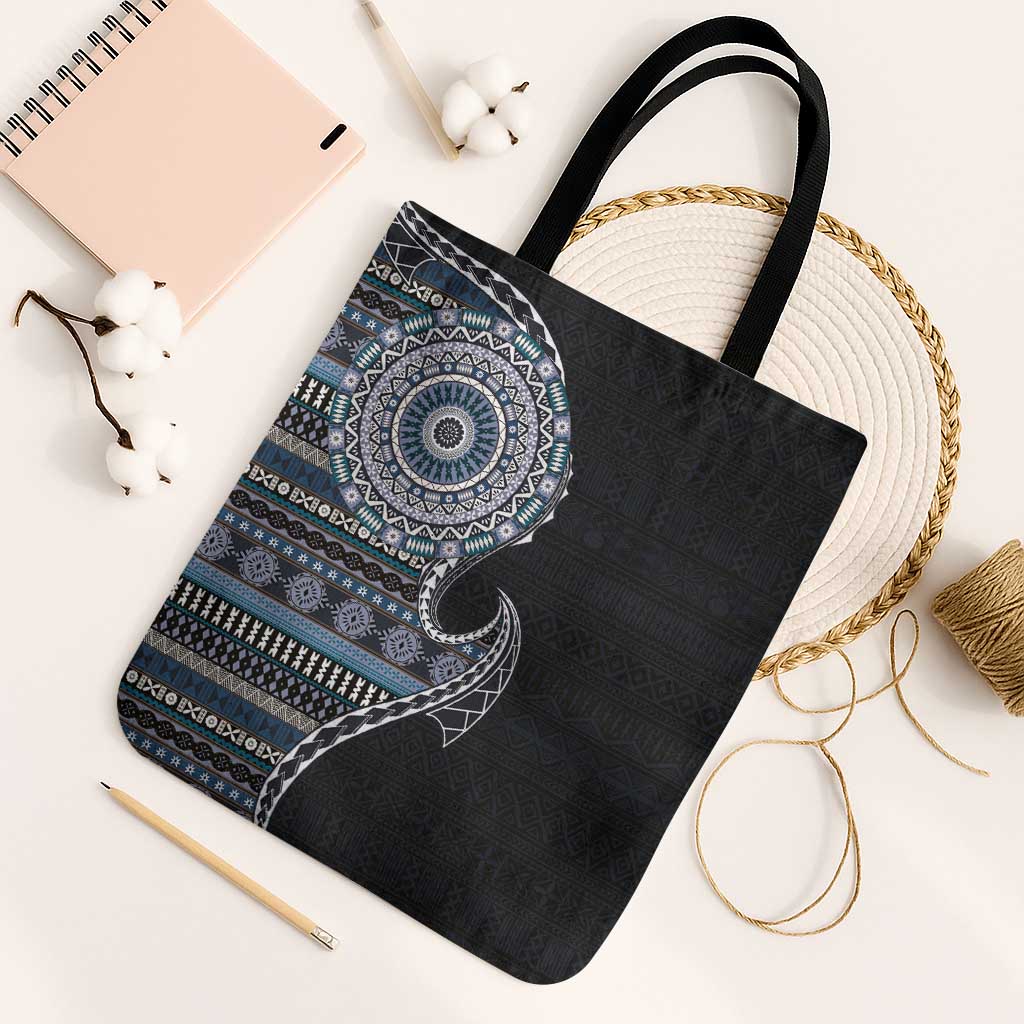 Fijian Masi Tribal Tattoos Art Pattern Tote Bag Navy Color Half Style - Polynesian Pride