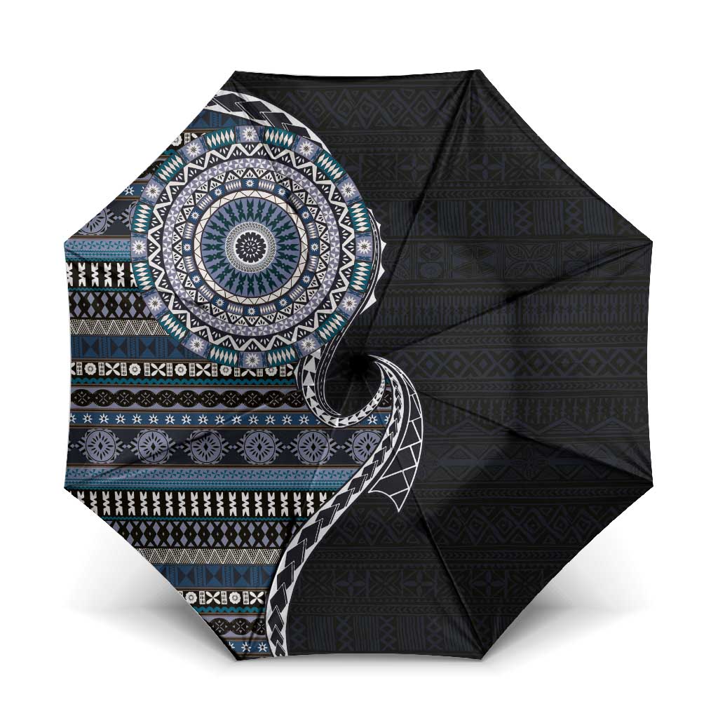 Fijian Masi Tribal Tattoos Art Pattern Umbrella Navy Color Half Style LT03 One Size Folded 11.42 inch Opened Diameter 37.4 inch Navy - Polynesian Pride