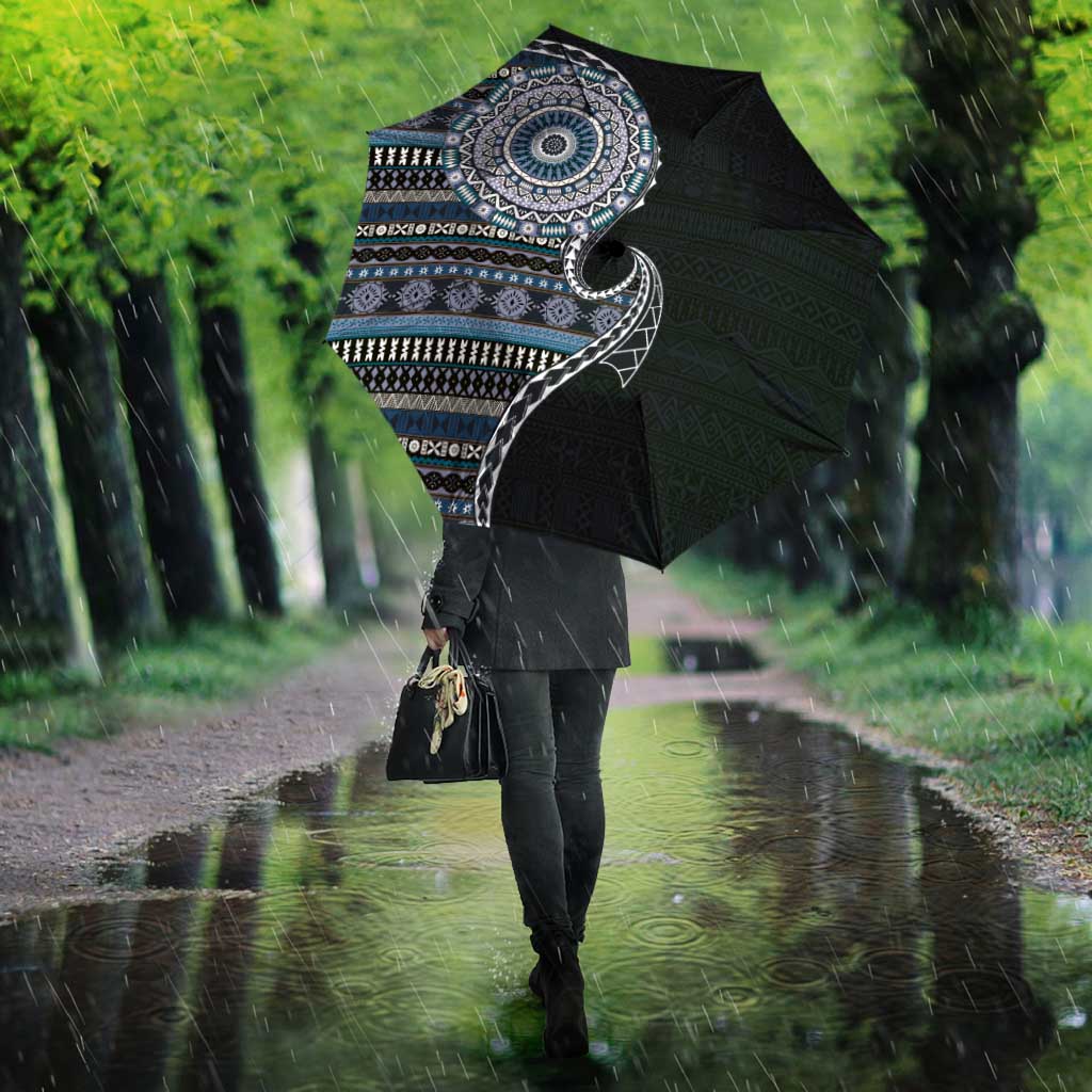 Fijian Masi Tribal Tattoos Art Pattern Umbrella Navy Color Half Style LT03 - Polynesian Pride