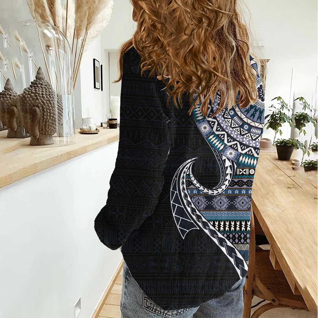 Fijian Masi Tribal Tattoos Art Pattern Women Casual Shirt Navy Color Half Style - Polynesian Pride