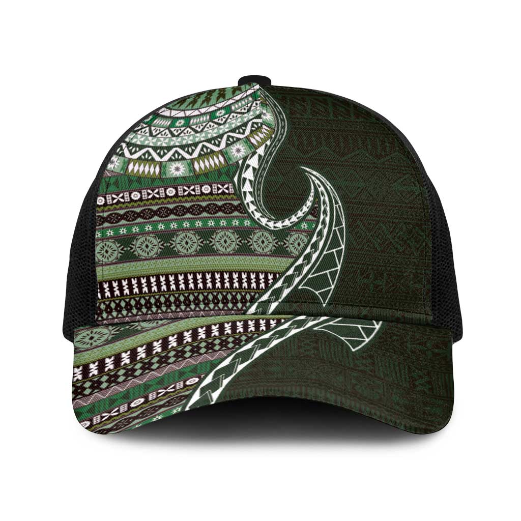 Fijian Masi Tribal Tattoos Art Pattern Baseball Net Cap Green Color Half Style - Polynesian Pride