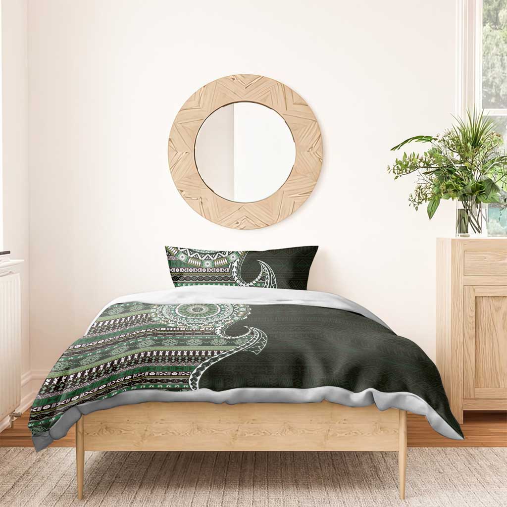 Fijian Masi Tribal Tattoos Art Pattern Bedding Set Green Color Half Style - Polynesian Pride