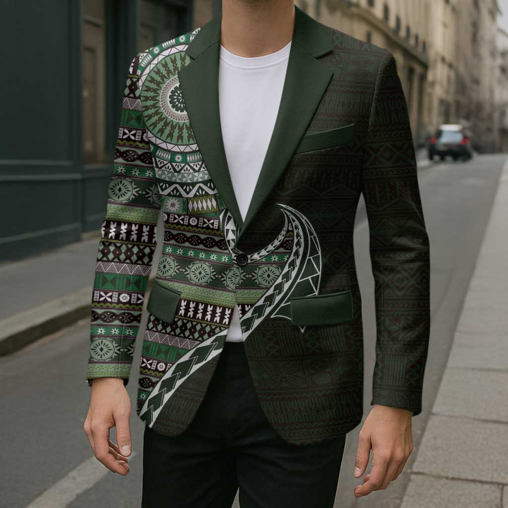 Fijian Masi Tribal Tattoos Art Pattern Blazer Green Color Half Style - Polynesian Pride