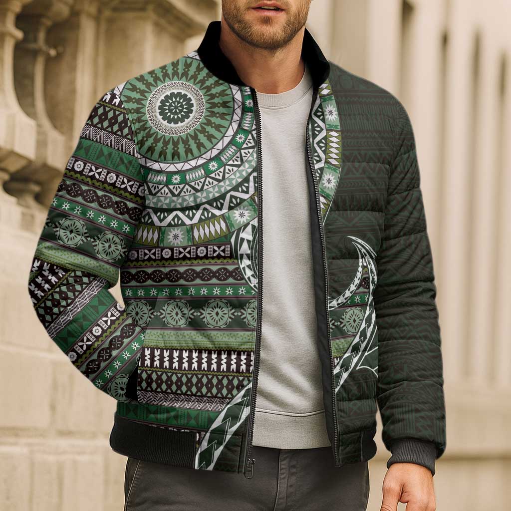 Fijian Masi Tribal Tattoos Art Pattern Bomber Puffer Jacket Green Color Half Style - Polynesian Pride