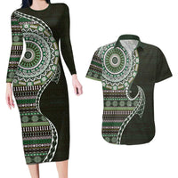 Fijian Masi Tribal Tattoos Art Pattern Couples Matching Long Sleeve Bodycon Dress and Hawaiian Shirt Green Color Half Style LT03 Green - Polynesian Pride