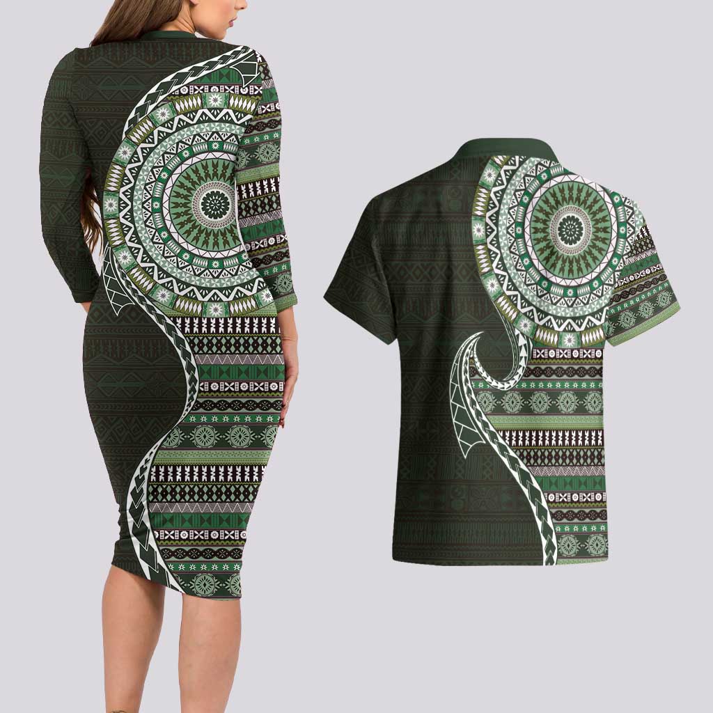 Fijian Masi Tribal Tattoos Art Pattern Couples Matching Long Sleeve Bodycon Dress and Hawaiian Shirt Green Color Half Style LT03 - Polynesian Pride