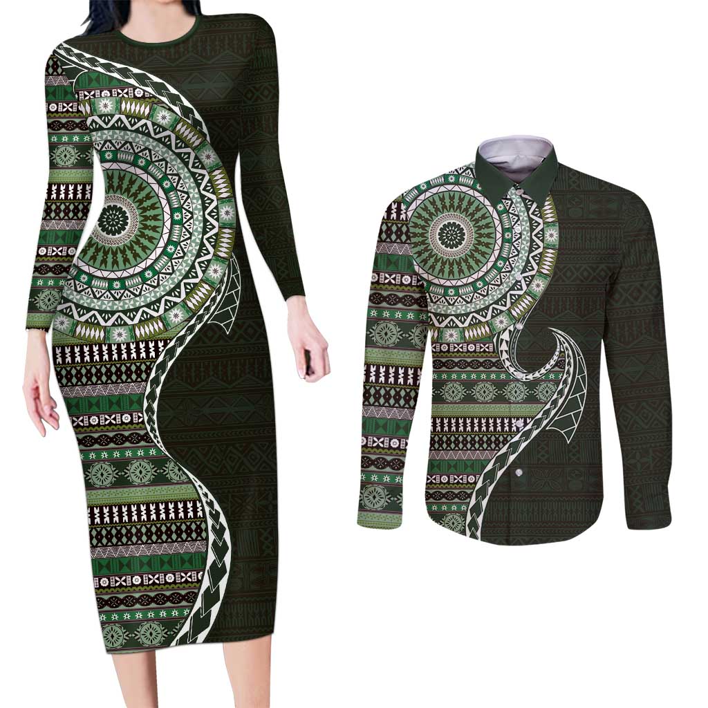 Fijian Masi Tribal Tattoos Art Pattern Couples Matching Long Sleeve Bodycon Dress and Long Sleeve Button Shirt Green Color Half Style LT03 Green - Polynesian Pride