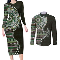 Fijian Masi Tribal Tattoos Art Pattern Couples Matching Long Sleeve Bodycon Dress and Long Sleeve Button Shirt Green Color Half Style LT03 Green - Polynesian Pride