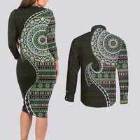 Fijian Masi Tribal Tattoos Art Pattern Couples Matching Long Sleeve Bodycon Dress and Long Sleeve Button Shirt Green Color Half Style LT03 - Polynesian Pride
