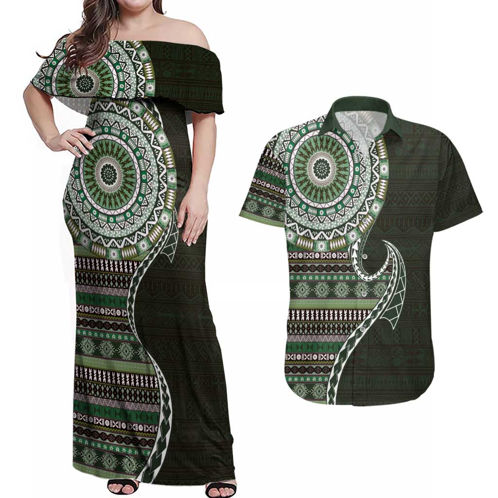 Fijian Masi Tribal Tattoos Art Pattern Couples Matching Off Shoulder Maxi Dress and Hawaiian Shirt Green Color Half Style LT03 Green - Polynesian Pride