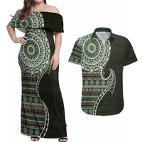 Fijian Masi Tribal Tattoos Art Pattern Couples Matching Off Shoulder Maxi Dress and Hawaiian Shirt Green Color Half Style LT03 Green - Polynesian Pride