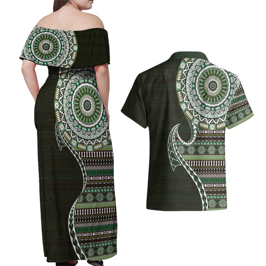 Fijian Masi Tribal Tattoos Art Pattern Couples Matching Off Shoulder Maxi Dress and Hawaiian Shirt Green Color Half Style LT03 - Polynesian Pride