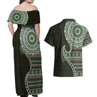 Fijian Masi Tribal Tattoos Art Pattern Couples Matching Off Shoulder Maxi Dress and Hawaiian Shirt Green Color Half Style LT03 - Polynesian Pride