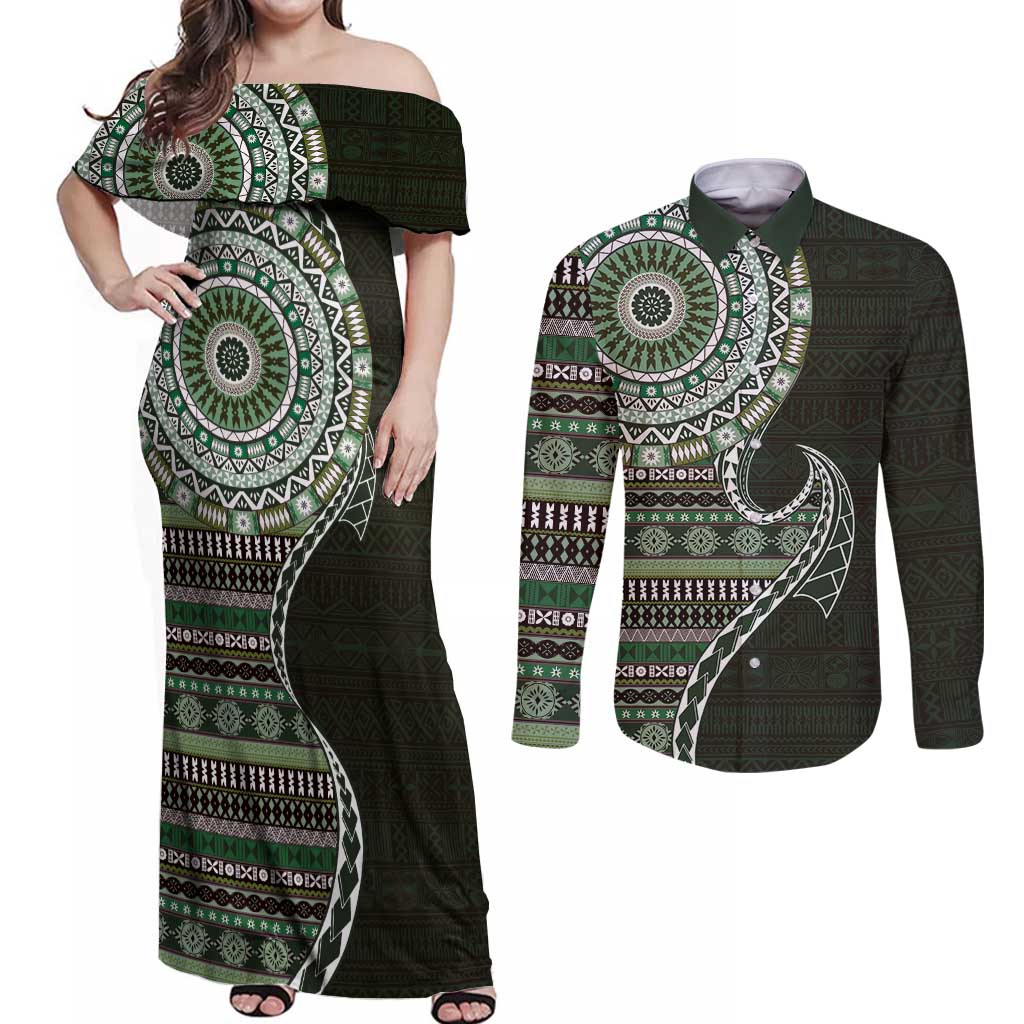 Fijian Masi Tribal Tattoos Art Pattern Couples Matching Off Shoulder Maxi Dress and Long Sleeve Button Shirt Green Color Half Style LT03 Green - Polynesian Pride
