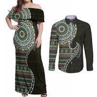 Fijian Masi Tribal Tattoos Art Pattern Couples Matching Off Shoulder Maxi Dress and Long Sleeve Button Shirt Green Color Half Style LT03 Green - Polynesian Pride