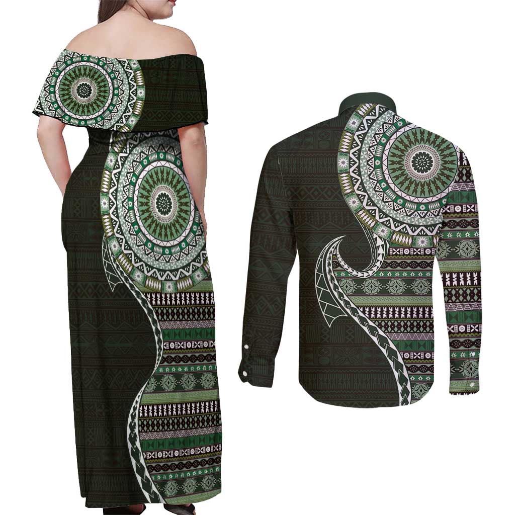 Fijian Masi Tribal Tattoos Art Pattern Couples Matching Off Shoulder Maxi Dress and Long Sleeve Button Shirt Green Color Half Style LT03 - Polynesian Pride