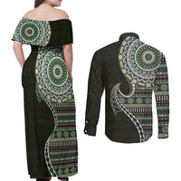 Fijian Masi Tribal Tattoos Art Pattern Couples Matching Off Shoulder Maxi Dress and Long Sleeve Button Shirt Green Color Half Style LT03 - Polynesian Pride