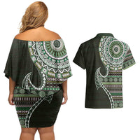 Fijian Masi Tribal Tattoos Art Pattern Couples Matching Off Shoulder Short Dress and Hawaiian Shirt Green Color Half Style LT03 - Polynesian Pride