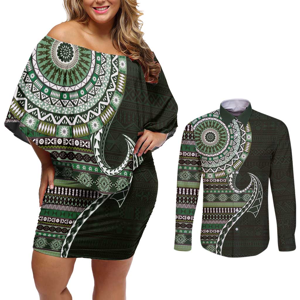 Fijian Masi Tribal Tattoos Art Pattern Couples Matching Off Shoulder Short Dress and Long Sleeve Button Shirt Green Color Half Style LT03 Green - Polynesian Pride