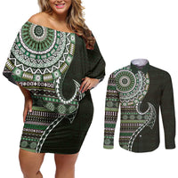 Fijian Masi Tribal Tattoos Art Pattern Couples Matching Off Shoulder Short Dress and Long Sleeve Button Shirt Green Color Half Style LT03 Green - Polynesian Pride