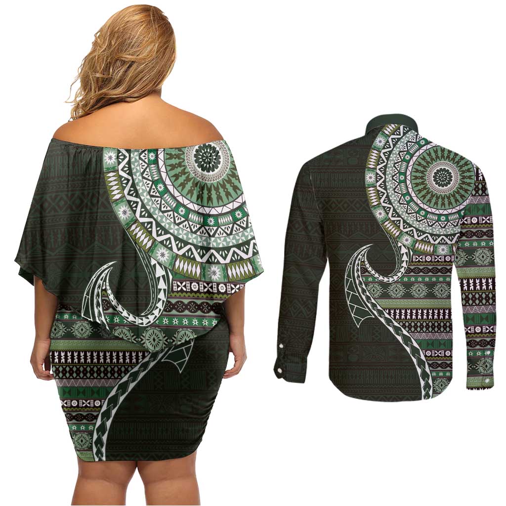 Fijian Masi Tribal Tattoos Art Pattern Couples Matching Off Shoulder Short Dress and Long Sleeve Button Shirt Green Color Half Style LT03 - Polynesian Pride