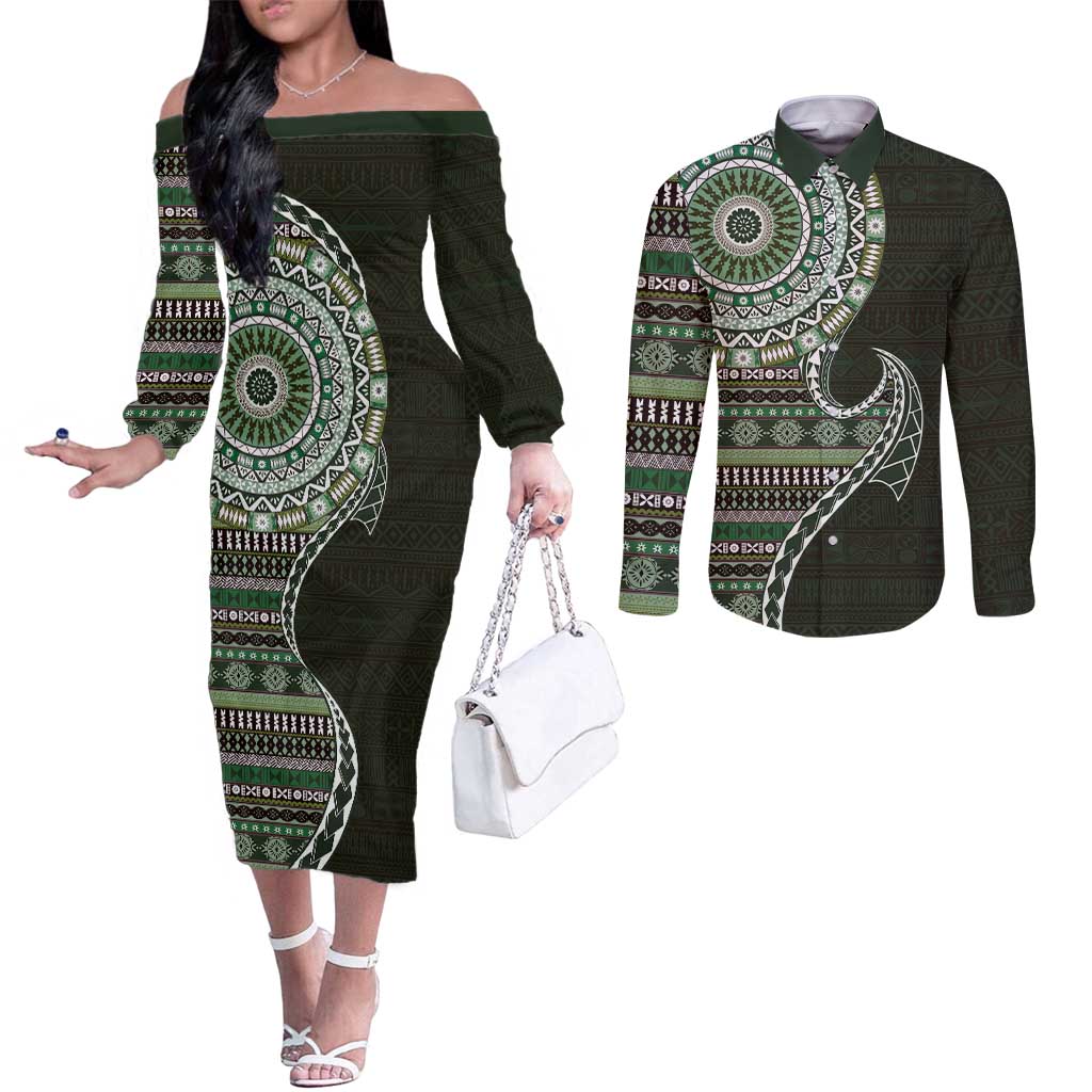 Fijian Masi Tribal Tattoos Art Pattern Couples Matching Off The Shoulder Long Sleeve Dress and Long Sleeve Button Shirt Green Color Half Style LT03 Green - Polynesian Pride