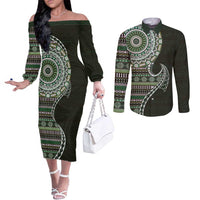 Fijian Masi Tribal Tattoos Art Pattern Couples Matching Off The Shoulder Long Sleeve Dress and Long Sleeve Button Shirt Green Color Half Style LT03 Green - Polynesian Pride