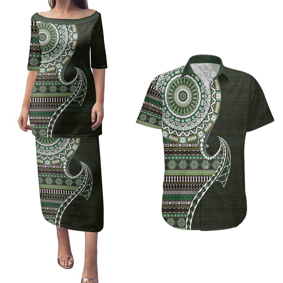 Fijian Masi Tribal Tattoos Art Pattern Couples Matching Puletasi and Hawaiian Shirt Green Color Half Style LT03 Green - Polynesian Pride
