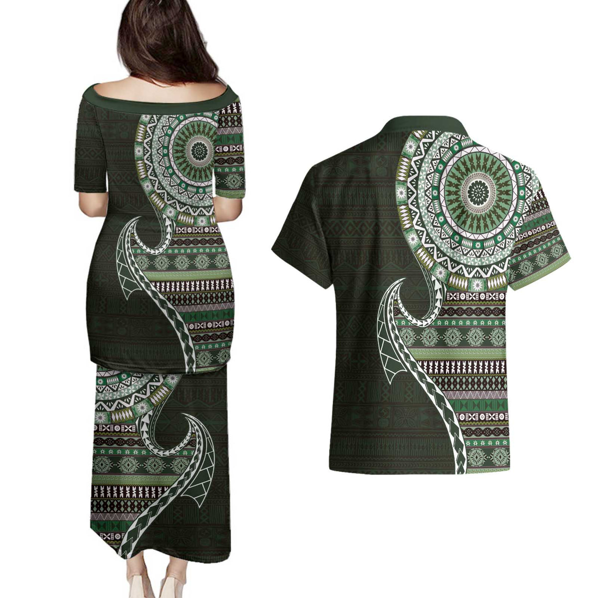 Fijian Masi Tribal Tattoos Art Pattern Couples Matching Puletasi and Hawaiian Shirt Green Color Half Style LT03 - Polynesian Pride