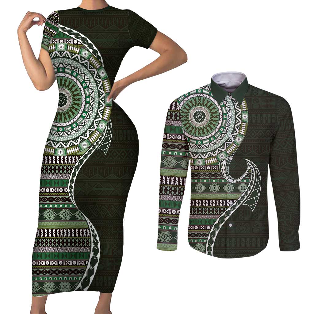 Fijian Masi Tribal Tattoos Art Pattern Couples Matching Short Sleeve Bodycon Dress and Long Sleeve Button Shirt Green Color Half Style LT03 Green - Polynesian Pride
