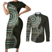 Fijian Masi Tribal Tattoos Art Pattern Couples Matching Short Sleeve Bodycon Dress and Long Sleeve Button Shirt Green Color Half Style LT03 Green - Polynesian Pride