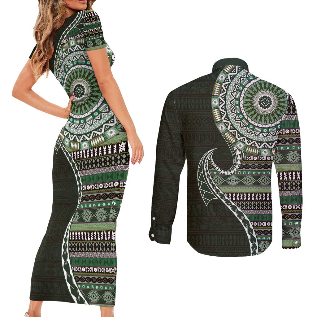 Fijian Masi Tribal Tattoos Art Pattern Couples Matching Short Sleeve Bodycon Dress and Long Sleeve Button Shirt Green Color Half Style LT03 - Polynesian Pride