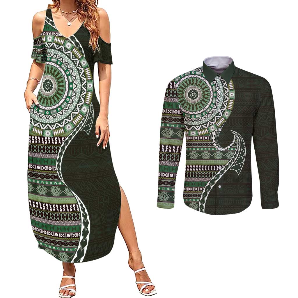 Fijian Masi Tribal Tattoos Art Pattern Couples Matching Summer Maxi Dress and Long Sleeve Button Shirt Green Color Half Style LT03 Green - Polynesian Pride