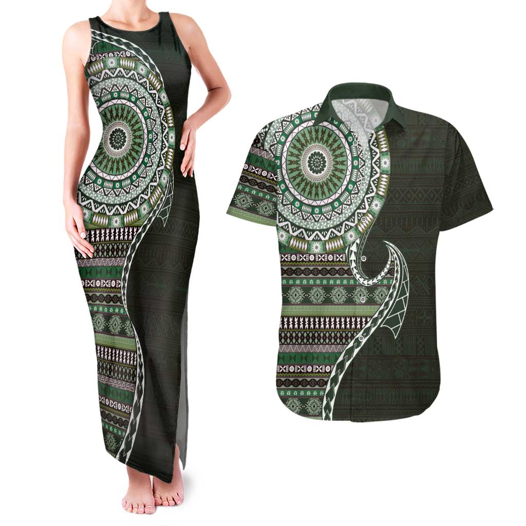 Fijian Masi Tribal Tattoos Art Pattern Couples Matching Tank Maxi Dress and Hawaiian Shirt Green Color Half Style LT03 Green - Polynesian Pride