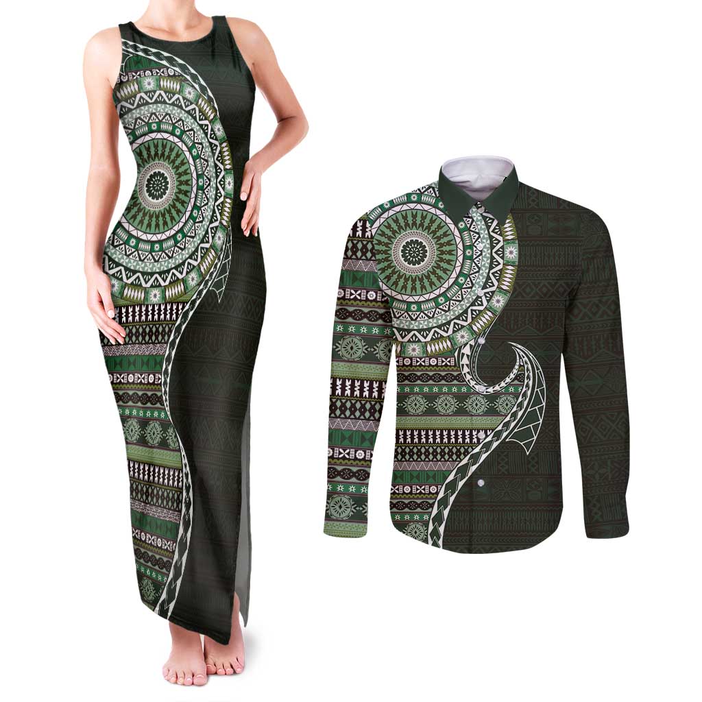 Fijian Masi Tribal Tattoos Art Pattern Couples Matching Tank Maxi Dress and Long Sleeve Button Shirt Green Color Half Style LT03 Green - Polynesian Pride
