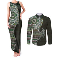 Fijian Masi Tribal Tattoos Art Pattern Couples Matching Tank Maxi Dress and Long Sleeve Button Shirt Green Color Half Style LT03 Green - Polynesian Pride