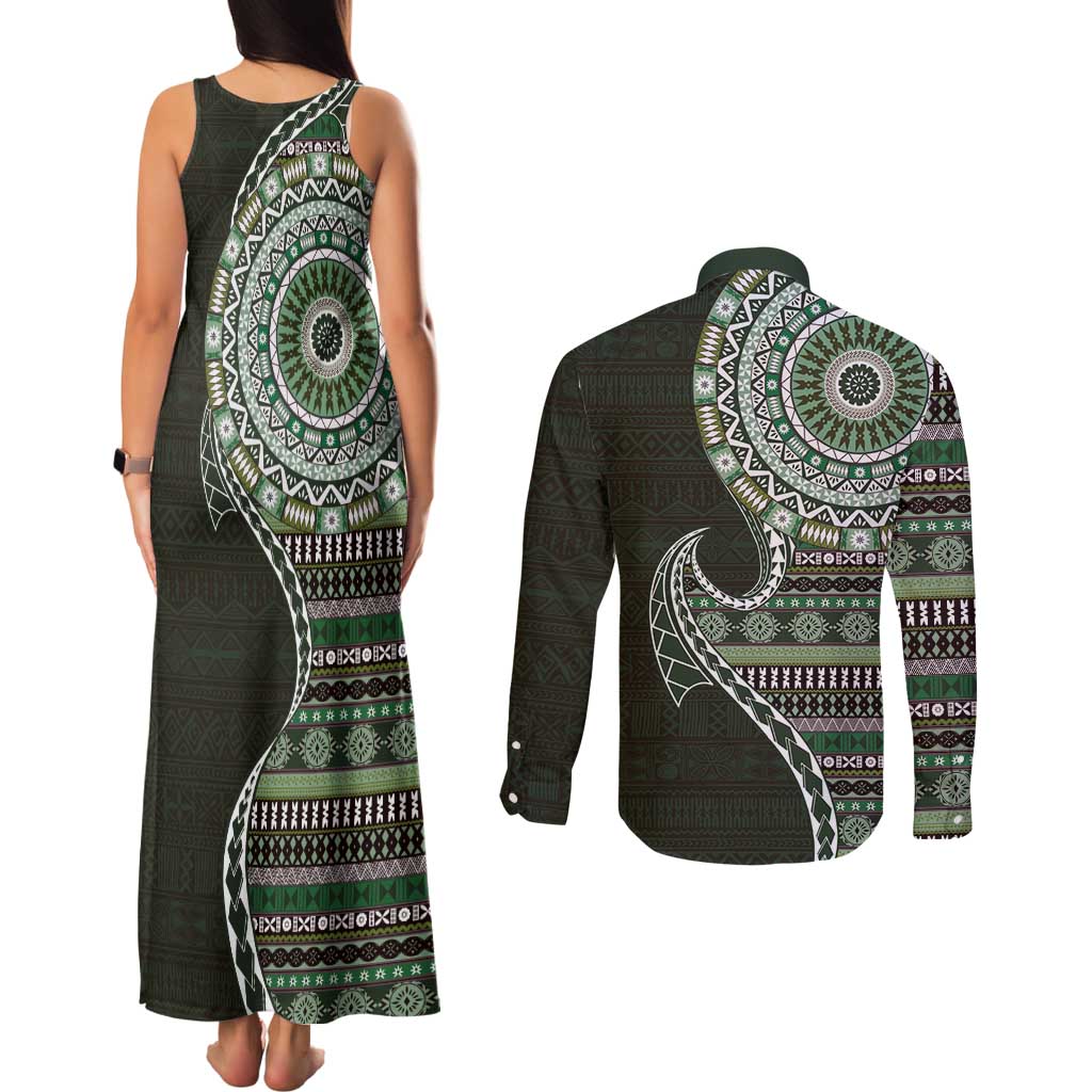 Fijian Masi Tribal Tattoos Art Pattern Couples Matching Tank Maxi Dress and Long Sleeve Button Shirt Green Color Half Style LT03 - Polynesian Pride