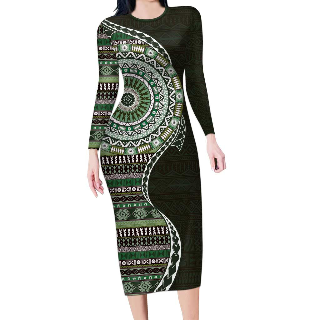 Fijian Masi Tribal Tattoos Art Pattern Family Matching Long Sleeve Bodycon Dress and Hawaiian Shirt Green Color Half Style LT03 Mom's Dress Green - Polynesian Pride