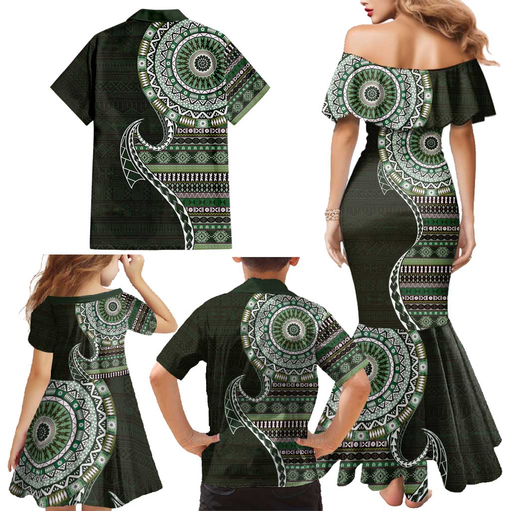 Fijian Masi Tribal Tattoos Art Pattern Family Matching Mermaid Dress and Hawaiian Shirt Green Color Half Style LT03 - Polynesian Pride